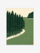Illustrative wall art of hikers on a sandy path next to a green pine forest and water