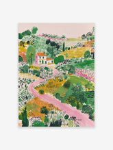 Illustrative landscape art print with a white house, orange roof, green fields, and a winding pink path