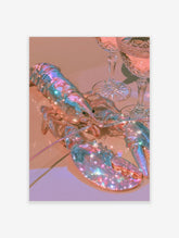Holographic lobster artwork with iridescent shell and sparkling light effects next to crystal glasses on a neutral surface