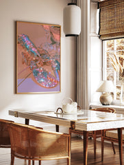 Holographic lobster artwork with iridescent shell and sparkling light effects next to crystal, in a styled room mockup