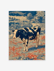 Holstein cow in a field of red flowers with blue trees and farmhouses in a vintage engraving art style
