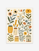 Folk-style honey bee and wildflower illustration with hive, honey jars, and yellow and blue blooms on cream
