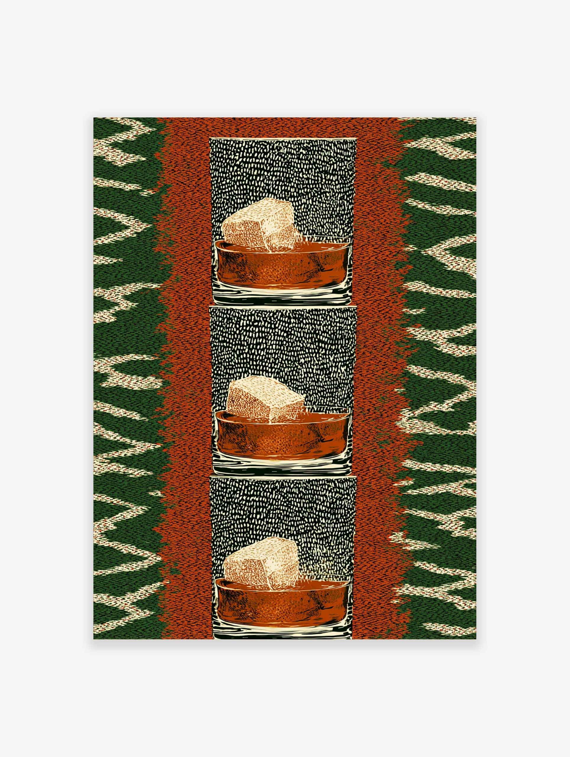 Repeated artwork of a textured honeycomb block in a terracotta bowl against a speckled black and green zig-zag background