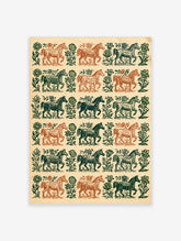 Folk art horse and flower pattern print in green and orange on beige background