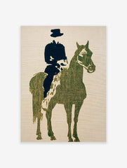 Textured dark green horse and black rider silhouette art print on a light beige background