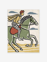 Illustrative print of a rider on a green horse with yellow cape and patterned trousers, moving right