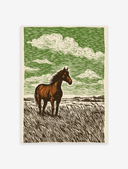 Brown horse standing in tall grass field with green sky and white clouds, linocut style art print