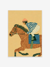 Illustration of a jockey in blue checkered shirt riding a galloping horse on beige background