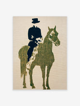 Textured olive green and black silhouette print of a horse and rider against a light, canvas-textured background