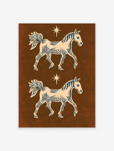Two cream horses with blue line details and a central star motif on a brown background