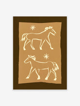 Two cream horses with star motifs on a tan background, minimalist animal art print