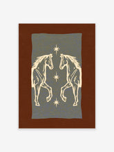 Symmetrical horse art print with two rearing horses and three stars on a blue background