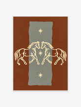 Symmetrical horse art print with two facing cream horses and three starbursts on grey and rust brown background