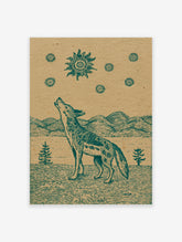 Howling coyote poster with a vintage-style illustration of a coyote looking up at a stylized sun and stars.
