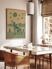 Howling coyote poster with a vintage-style illustration of a coyote looking up at a stylized sun and stars. - Image 2