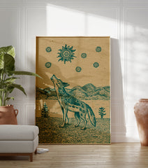 Howling coyote poster with a vintage-style illustration of a coyote looking up at a stylized sun and stars. - Image 3
