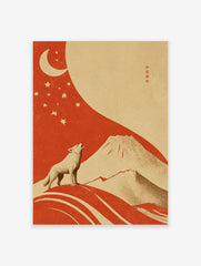 Illustrative art print of a howling wolf, crescent moon, stars, and Mount Fuji in red and beige