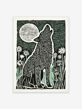 Illustrative black and white block print of a howling wolf under a large, striped full moon with wildflowers