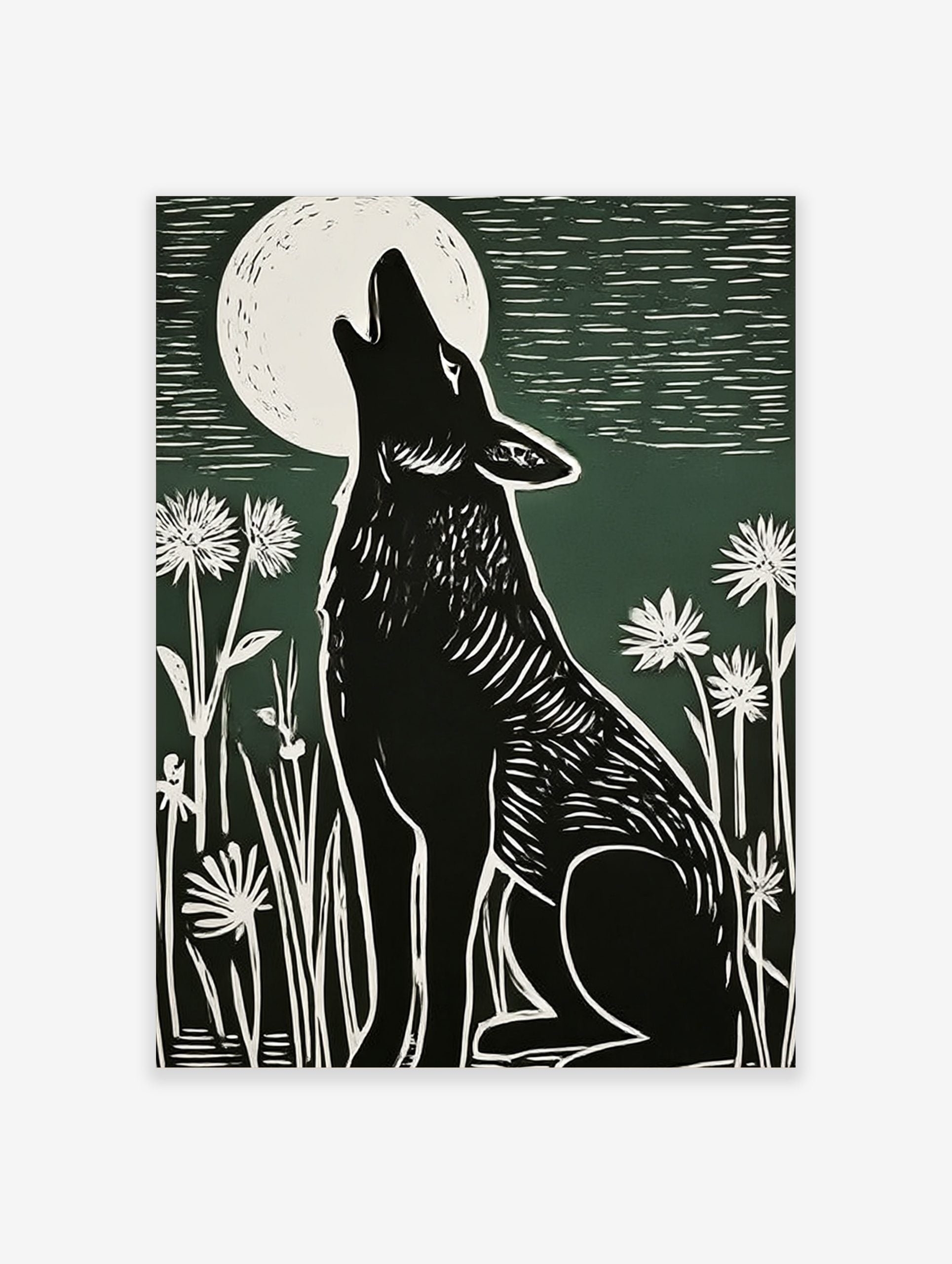 Black howling wolf linocut art print under a white full moon with white wildflowers on a green background