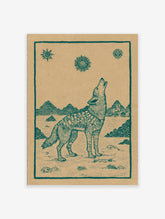 Howling wolf poster with folk art style, teal illustration on brown paper, featuring mountains and sun symbols.