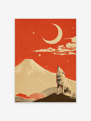 Illustrative print of a howling wolf, a large crescent moon, and a snow-capped mountain under a red sky