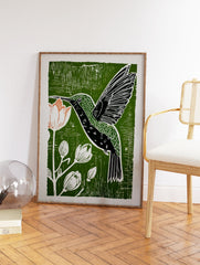 Green linocut print of a hummingbird drinking nectar from a pink flower, surrounded by botanical buds, on a textured background. - Image 2
