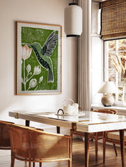 Green linocut print of a hummingbird drinking nectar from a pink flower, surrounded by botanical buds, on a textured background. - Image 3