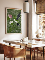 Green linocut print of a hummingbird with a pink flower, white flower, and foliage. - Image 3