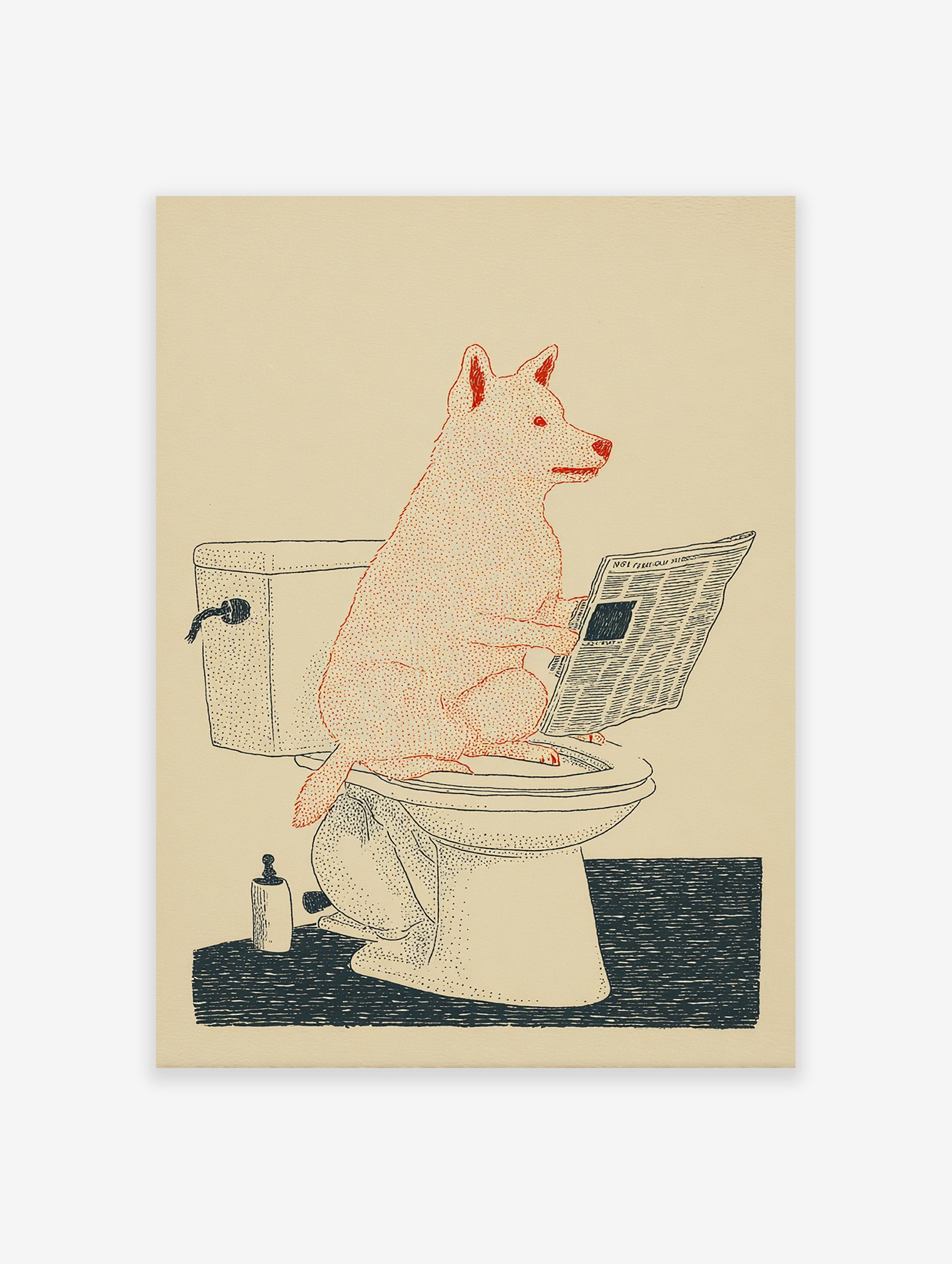 Illustrated humorous dog wall art showing a red dog sitting on a toilet reading a newspaper on a cream background.