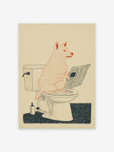 Illustrated humorous dog wall art showing a red dog sitting on a toilet reading a newspaper on a cream background.