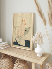 Illustrated humorous dog wall art showing a red dog sitting on a toilet reading a newspaper on a cream background. - Image 3