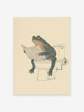 Humorous illustration of a dark green and orange toad sitting on a white toilet, reading a newspaper.