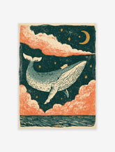 Humpback whale floating in starry night sky with crescent moon and orange clouds art print