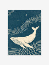 Humpback whale poster with crescent moon, star and flowing wave lines on deep teal background
