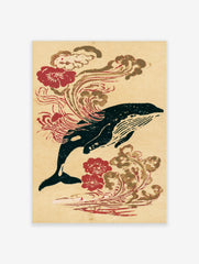 Humpback whale illustration in Japanese woodblock style with red flowers and wave patterns on a neutral background
