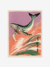Humpback whale breaching in Japanese woodblock style with purple and coral gradient and green waves