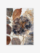 Watercolour hydrangea botanical illustration with muted blue petals and brown leaves on a cream background