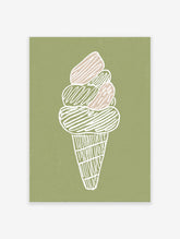 Illustrated ice cream cone wall art print with white outline and beige and green scoops on a textured green background.