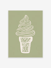 Minimalist illustration of a soft-serve ice cream cone in an off-white waffle cone on a sage green background.