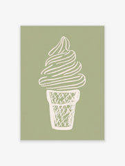 Minimalist illustration of a soft-serve ice cream cone in an off-white waffle cone on a sage green background.