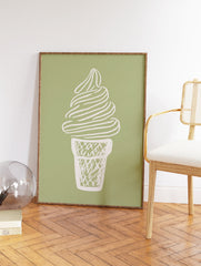 Minimalist illustration of a soft-serve ice cream cone in an off-white waffle cone on a sage green background. - Image 2
