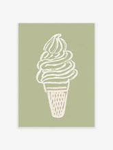 Minimalist soft serve ice cream cone illustration in off-white on a sage green background, perfect as ice cream wall art.