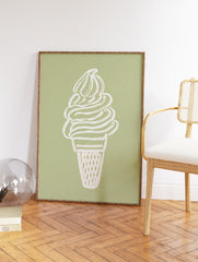 Minimalist soft serve ice cream cone illustration in off-white on a sage green background, perfect as ice cream wall art. - Image 2