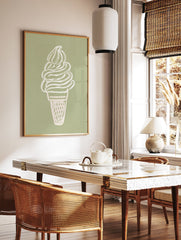 Minimalist soft serve ice cream cone illustration in off-white on a sage green background, perfect as ice cream wall art. - Image 3