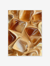 Close-up photographic print of iced coffee with milk and ice cubes swirling together, perfect for wall art.