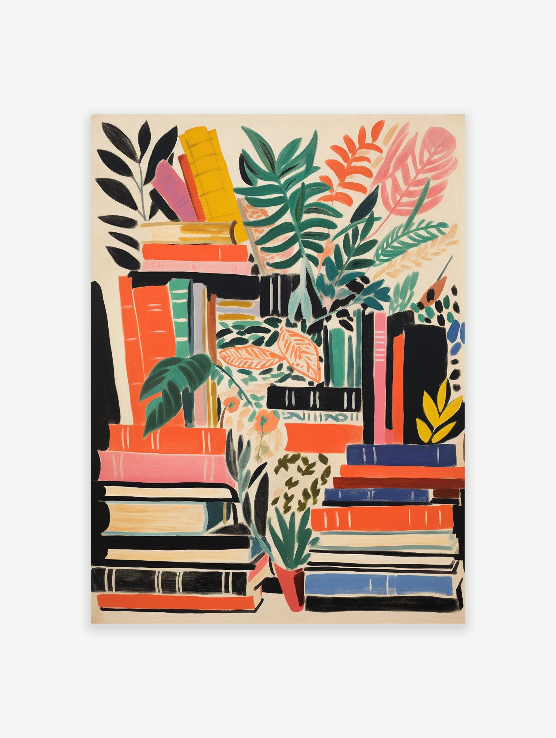 Illustrated poster showing stacks of books in orange, green, black, yellow, pink with various green and orange plants.