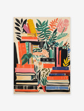 Illustrated poster showing stacks of books in orange, green, black, yellow, pink with various green and orange plants.