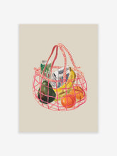 Illustrated art print of a pink net grocery bag filled with avocado, bananas, oranges, and a carton on a beige background.