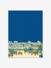 Illustrated Rooftop Cityscape Wall Art showing a balcony with plants overlooking an urban skyline under a starry blue night sky.