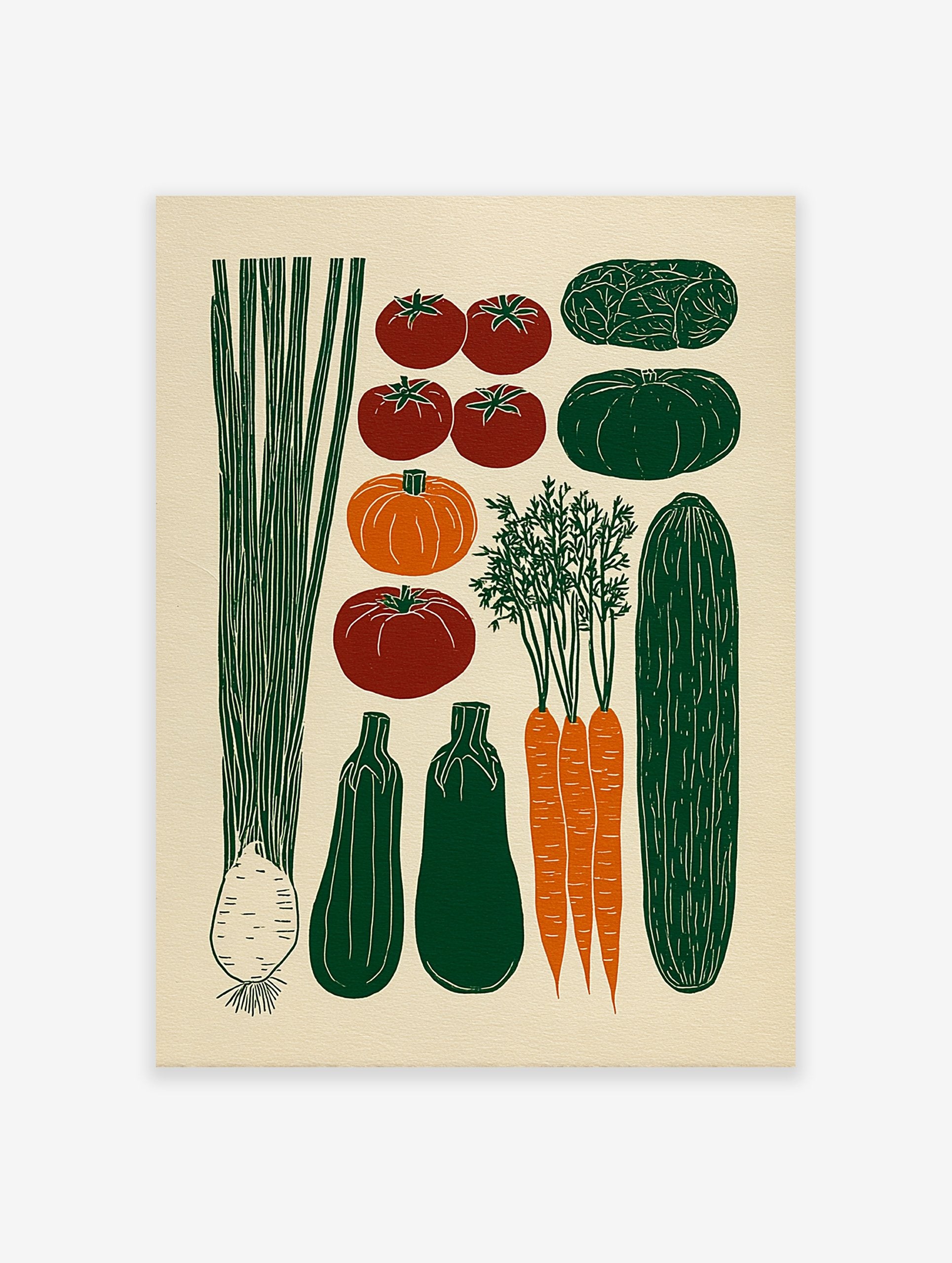 Illustrated vegetable poster featuring green leeks, tomatoes, pumpkins, squashes, carrots, cucumber, and cabbage.